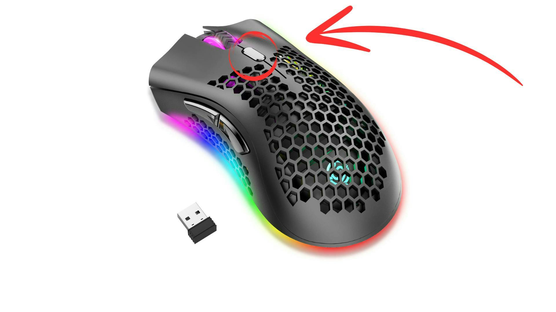 The DPI button (circled in red) is located above or below the scroll wheel on most mice.
