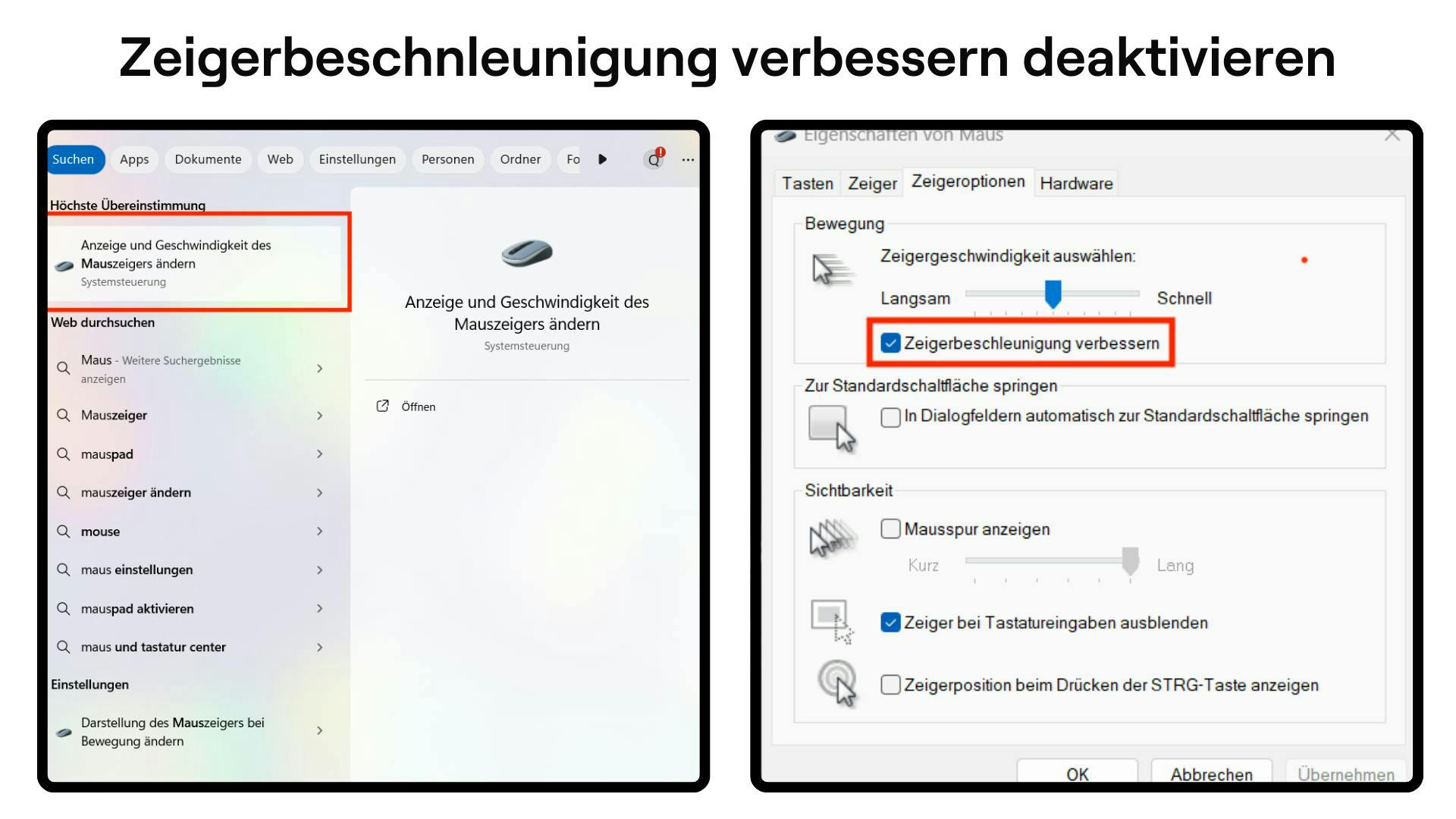 So wird die Option "Zeigerbeschleunigung verbessern" in den Windows Einstellungen deaktiviert. | Credit: LeetDesk.