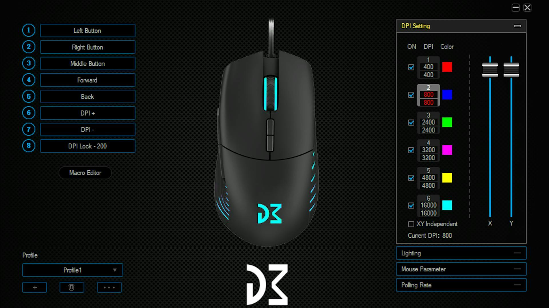 Eine Gaming Maus Software, mit den DPI Einstellungen im Vordergrund. | Credit: Dream Machines.