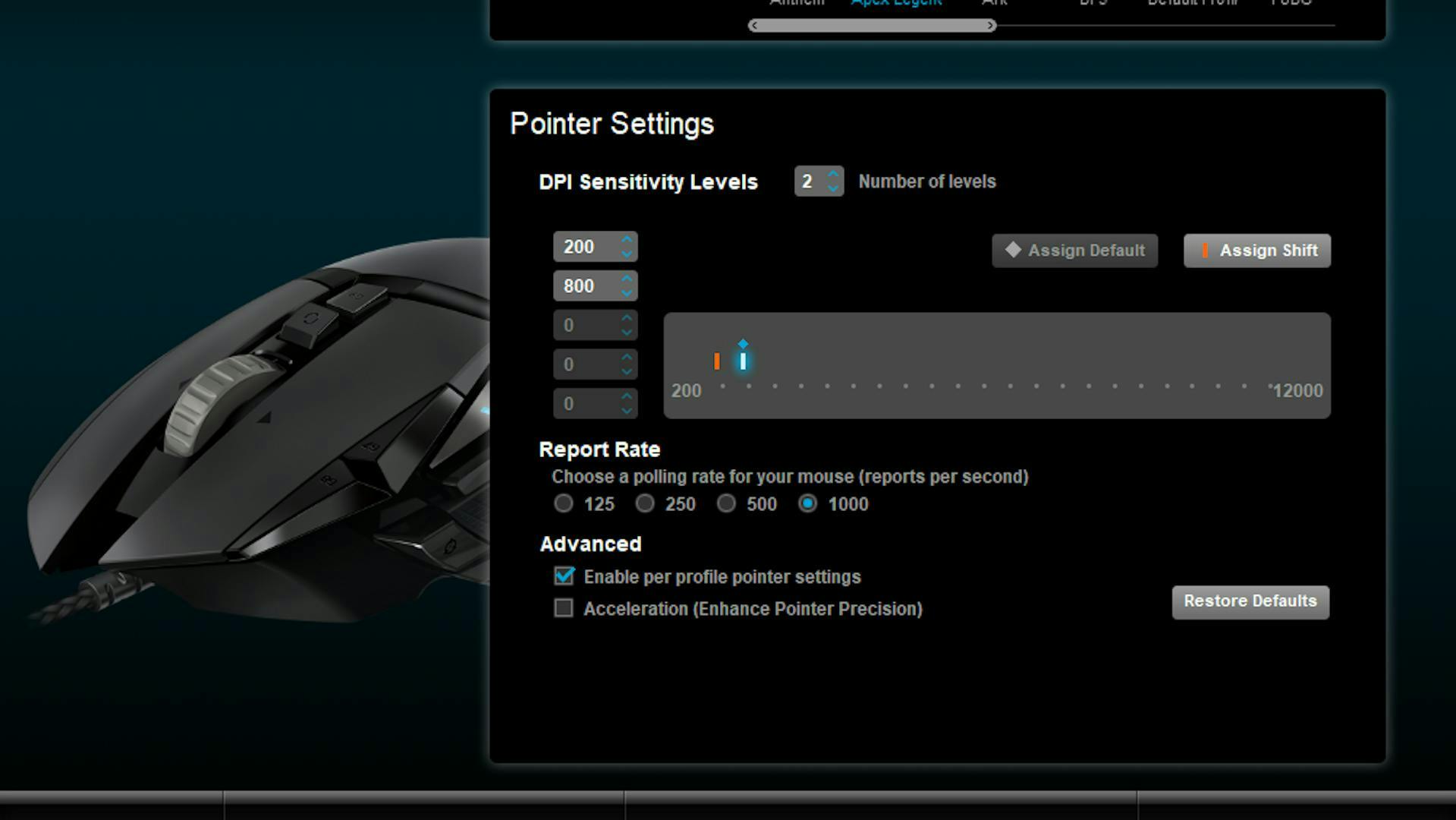 Software with gaming mouse settings featuring a single DPI slider. | Credit: Logitech.