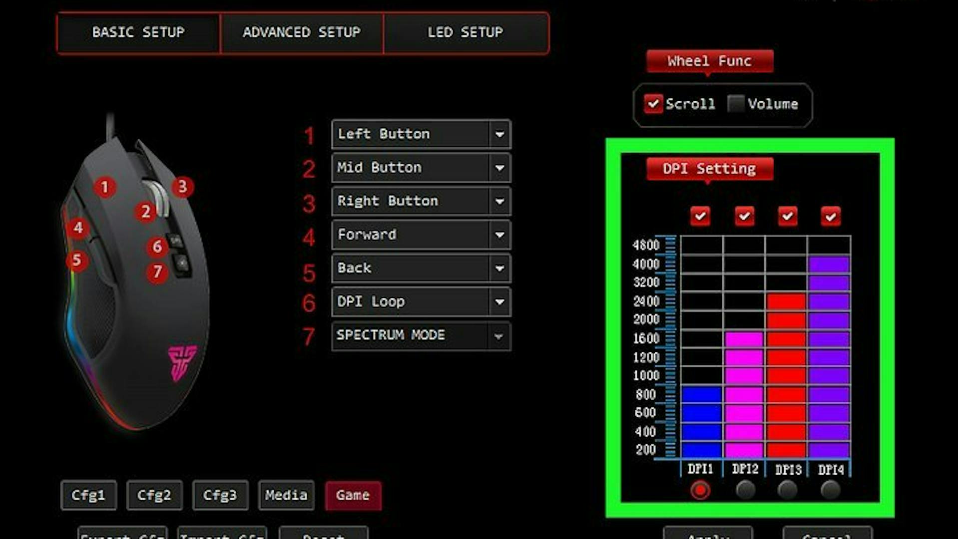 Diese Gaming Maus Software hat vier DPI Slider. | Credit: Fantech. 