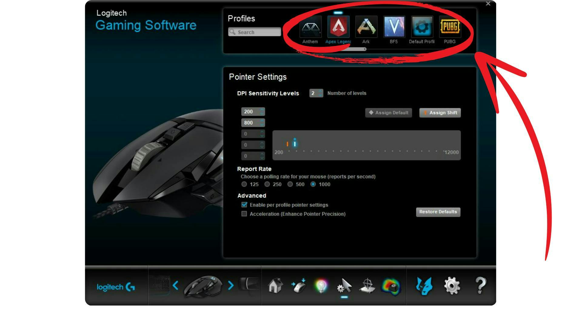 The various game profiles are circled in a gaming mouse software. | Credit: Logitech.