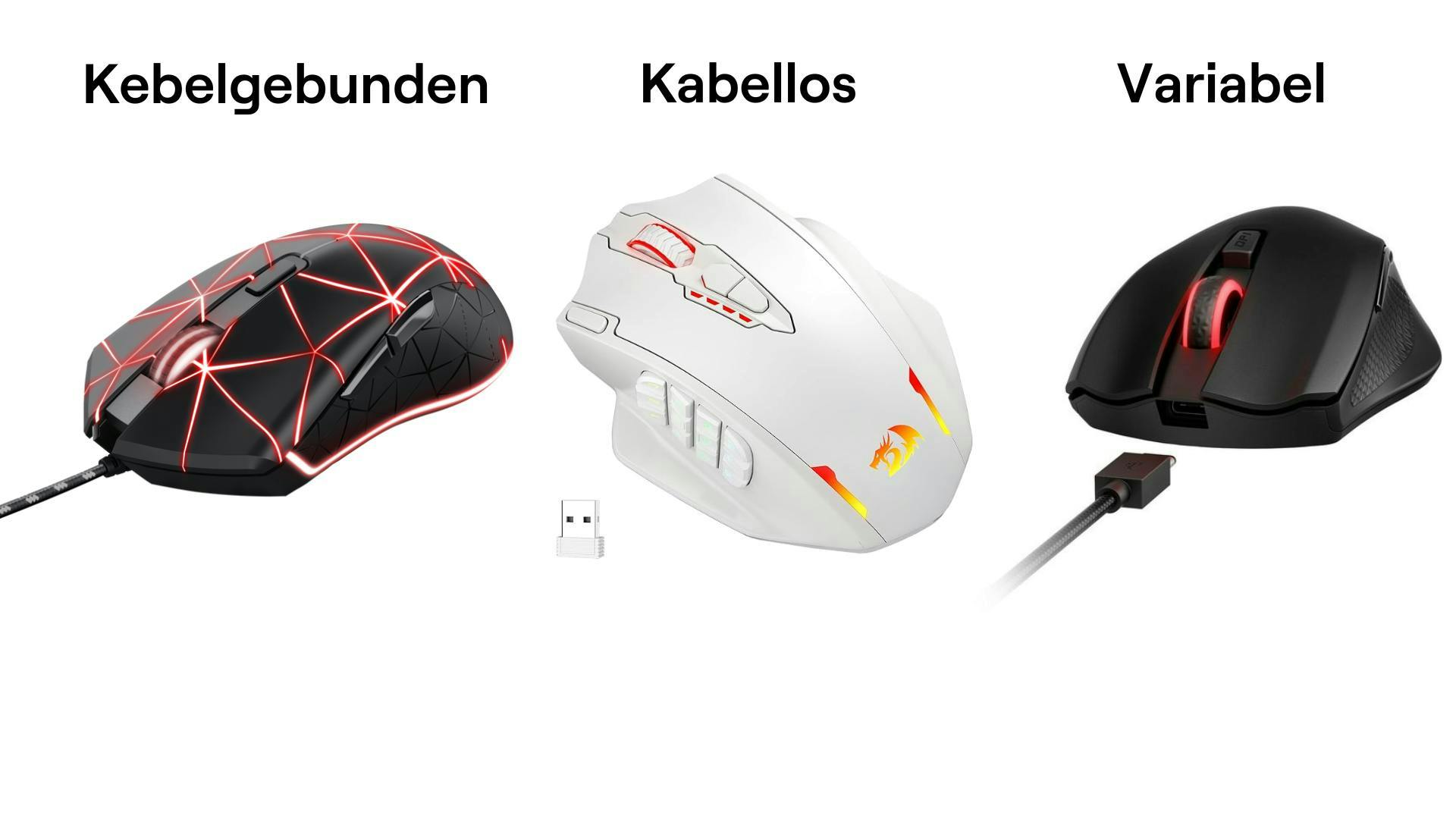 Drei verschiedene Gaming Mäuse, kabelgebunden, kabellos und variabel. 