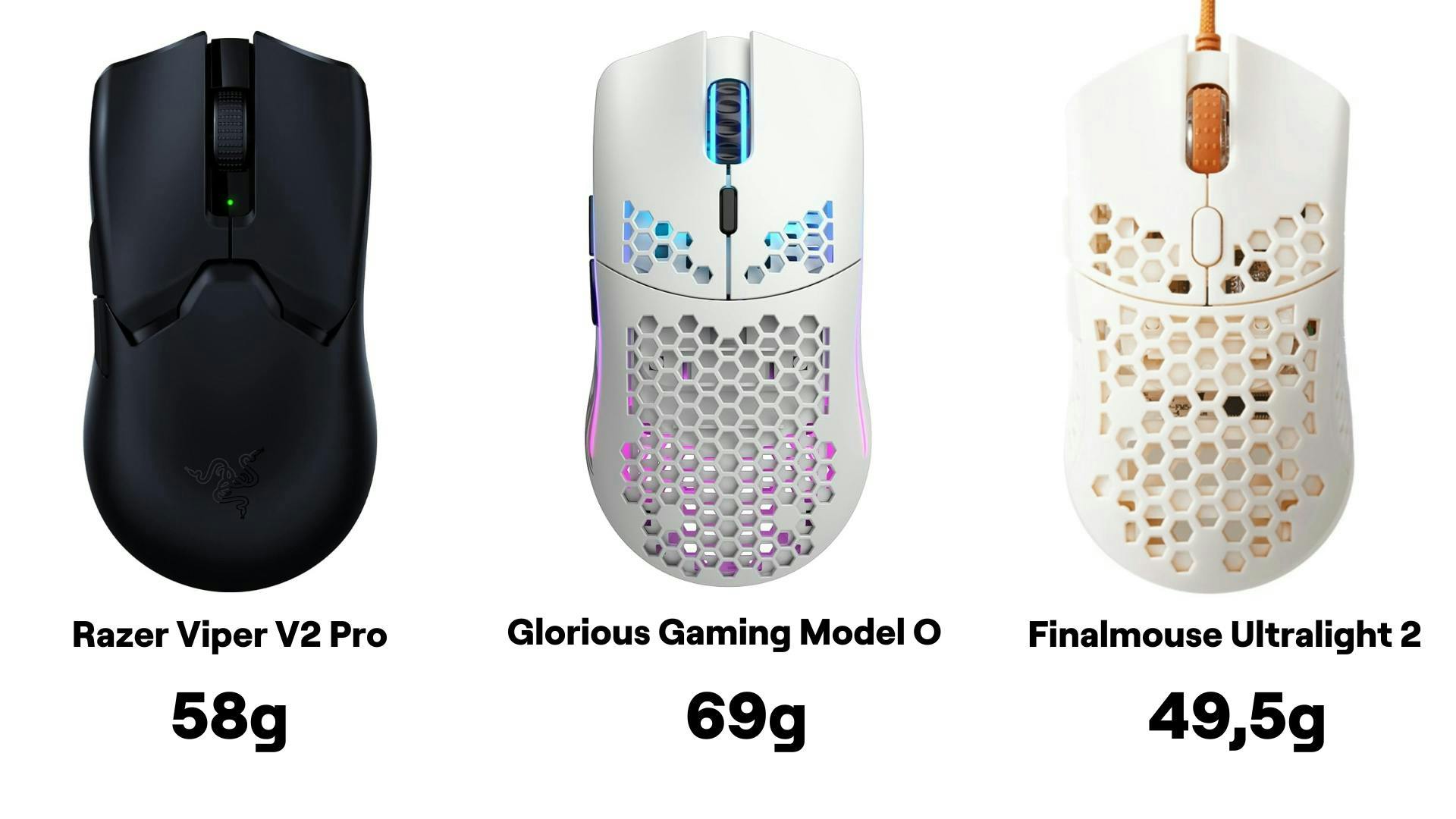Three different lightweight gaming mice with varying weights.