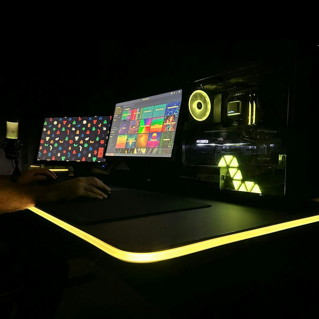 LeetDesk AURA RGB Gaming Desk with Hardware Sync yellow Cyberpunk setup