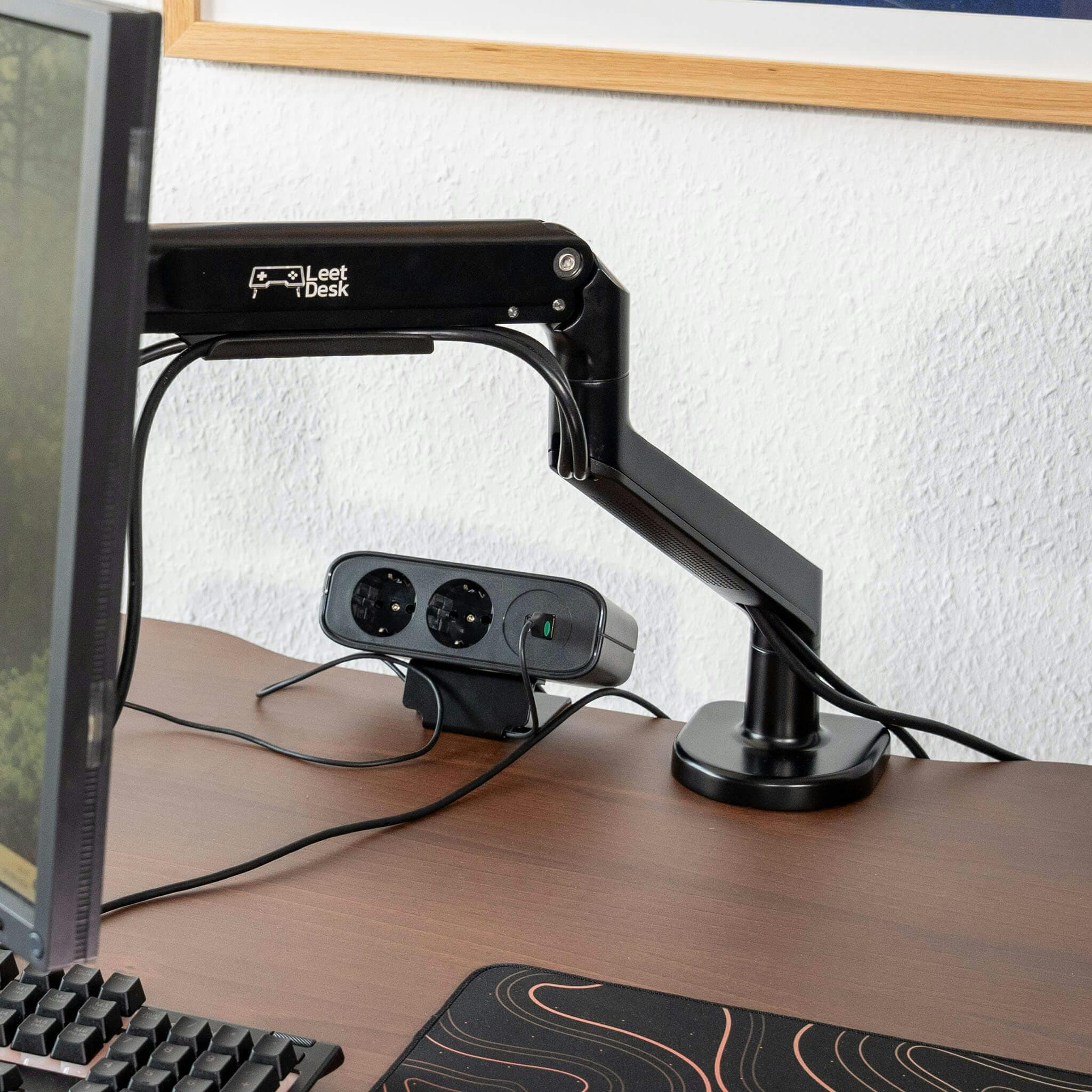 LeetDesk monitor arm with cable routing and cable management close-up